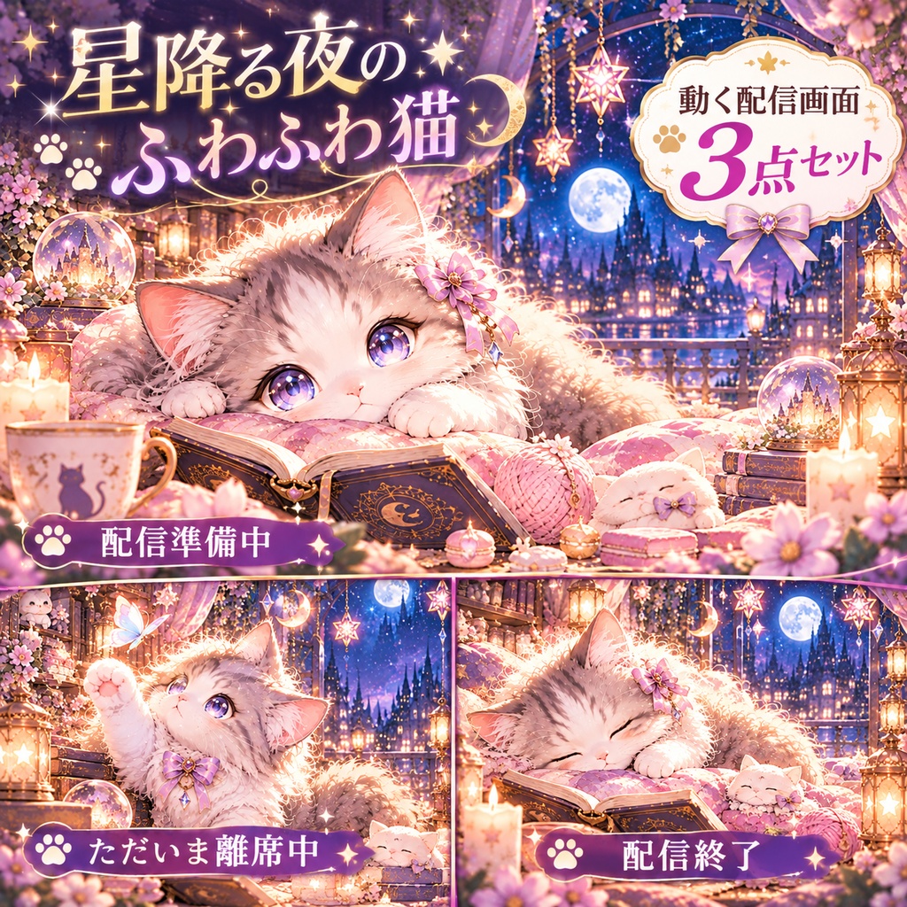 星降る夜のふわふわ猫｜動く配信画面3点セット【配信準備中・離席中・配信終了】8秒ループ・OBS対応