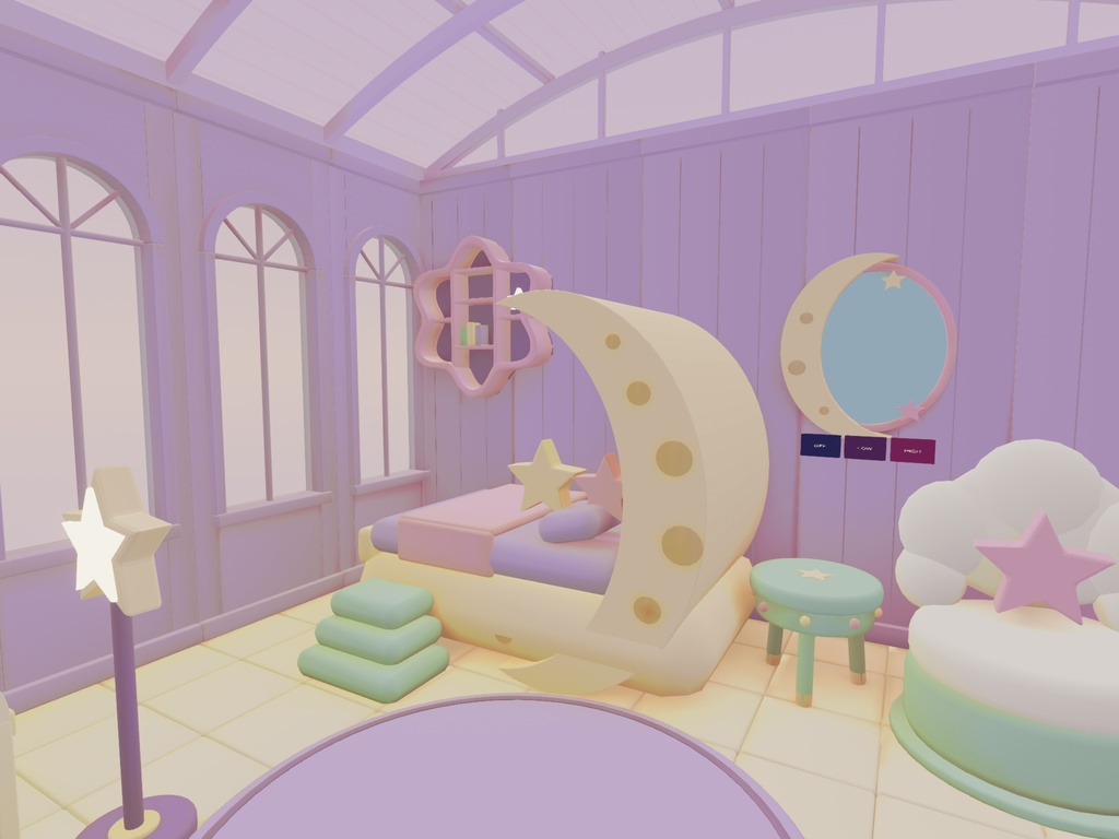 【VRChat向け3Dルーム素材】ゆめかわ・パステルな月灯りのおもちゃ温室|PC温室シーン / Quest Lite素材