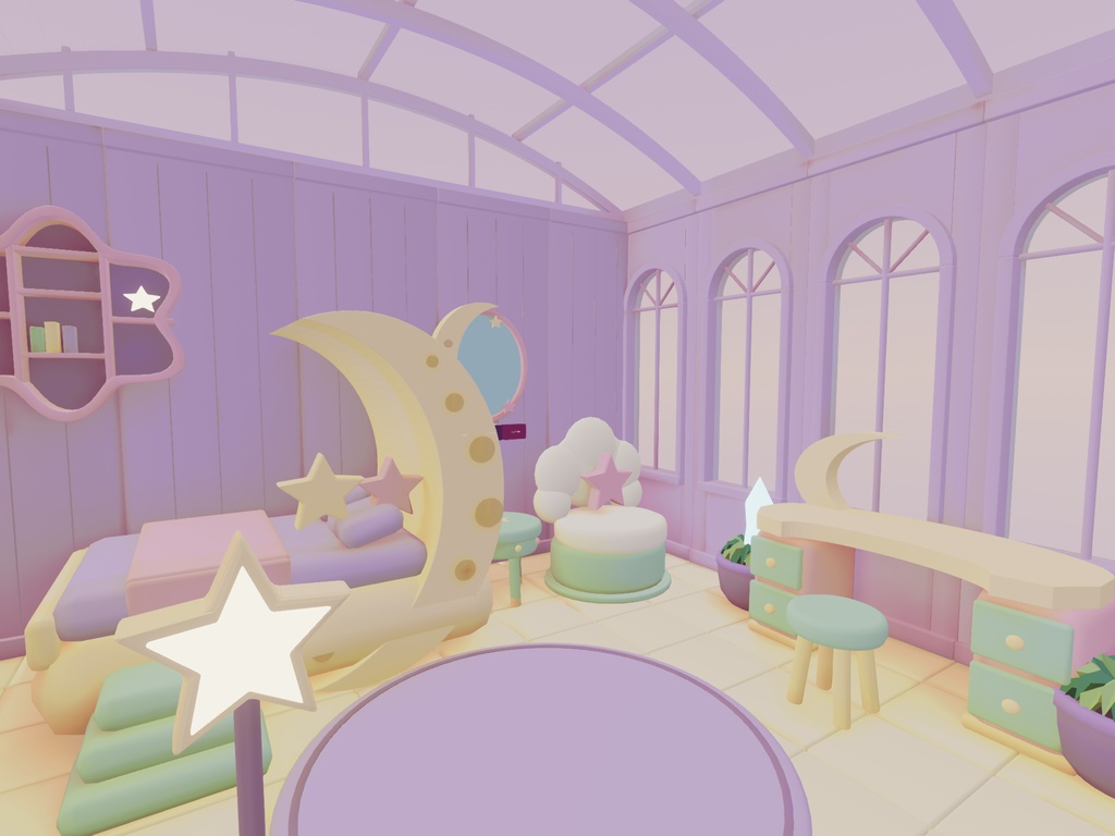 【VRChat向け3Dルーム素材】ゆめかわ・パステルな月灯りのおもちゃ温室｜PC温室シーン / Quest Lite素材
