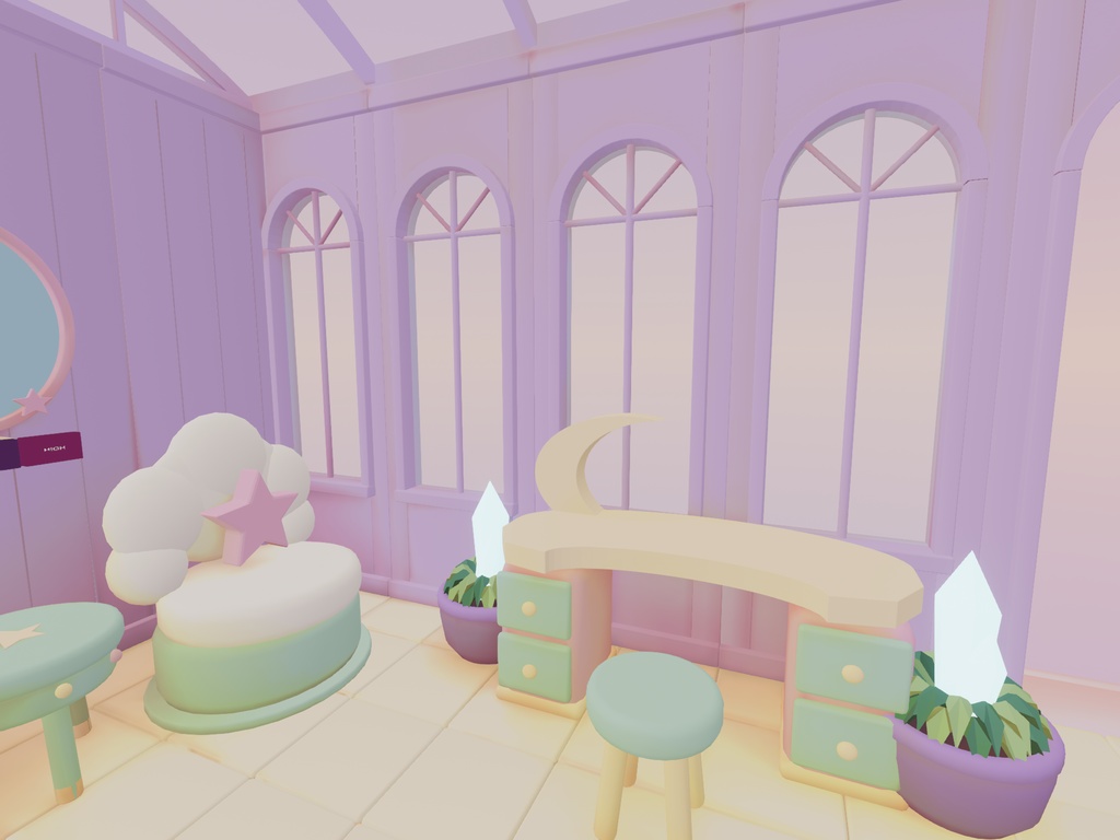 【VRChat向け3Dルーム素材】ゆめかわ・パステルな月灯りのおもちゃ温室|PC温室シーン / Quest Lite素材