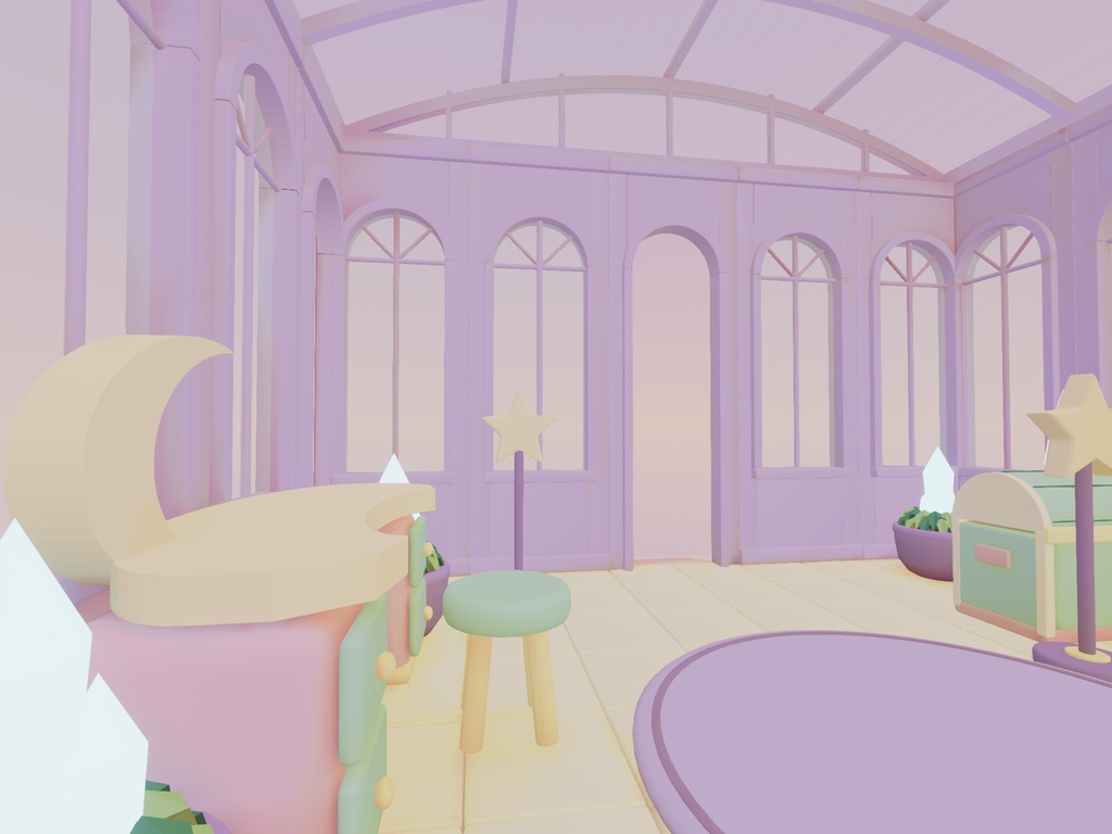 【VRChat向け3Dルーム素材】ゆめかわ・パステルな月灯りのおもちゃ温室|PC温室シーン / Quest Lite素材