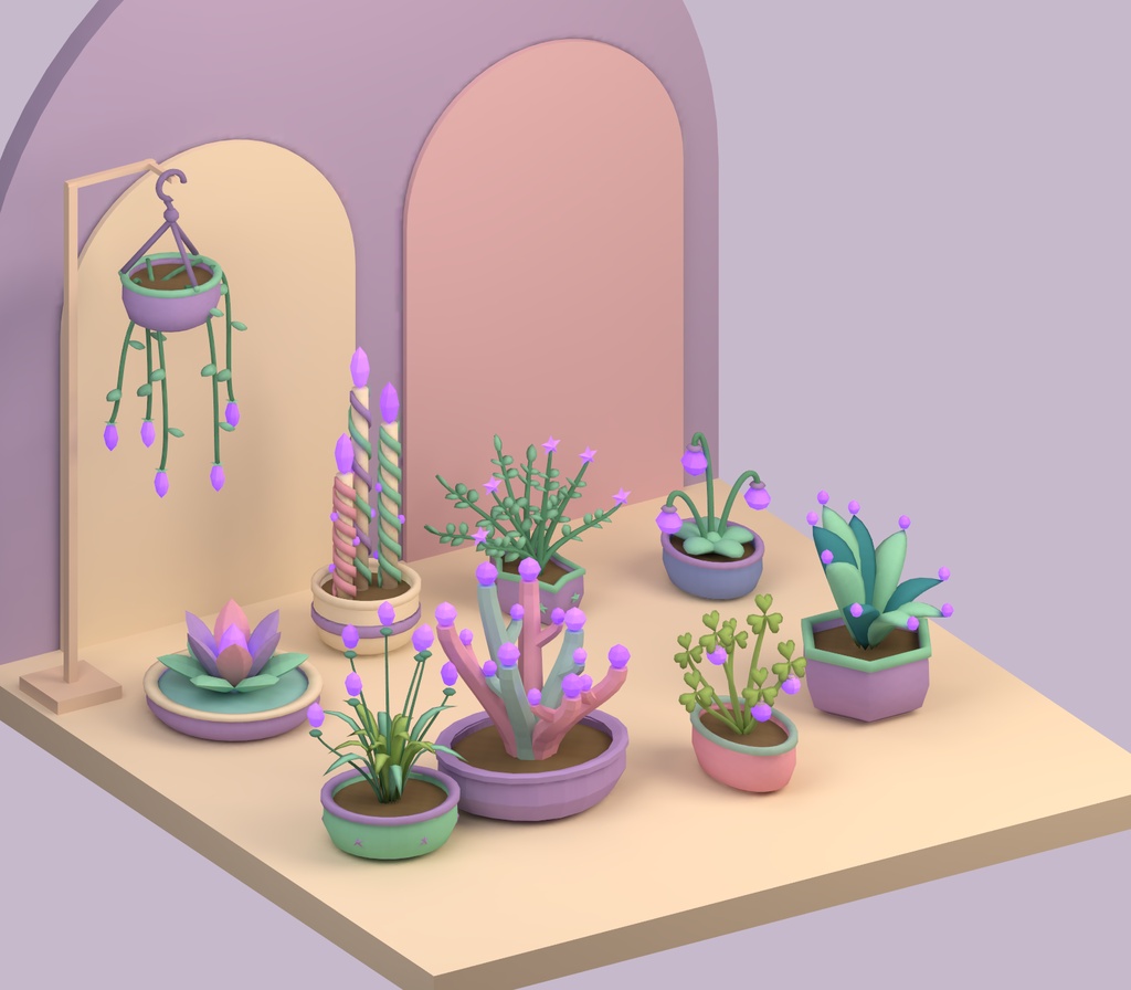 【Unity・3D植物素材】パステルの鉢植え9種セット|草晶の夢庭