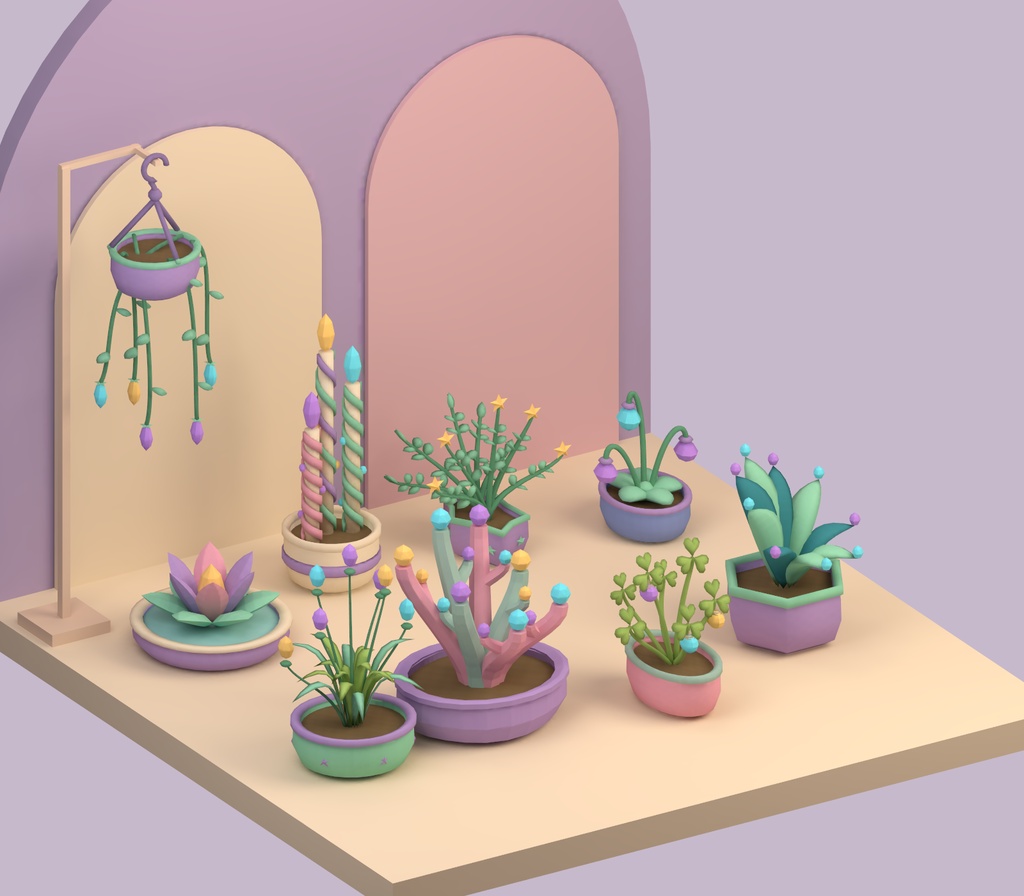 【Unity・3D植物素材】パステルの鉢植え9種セット|草晶の夢庭