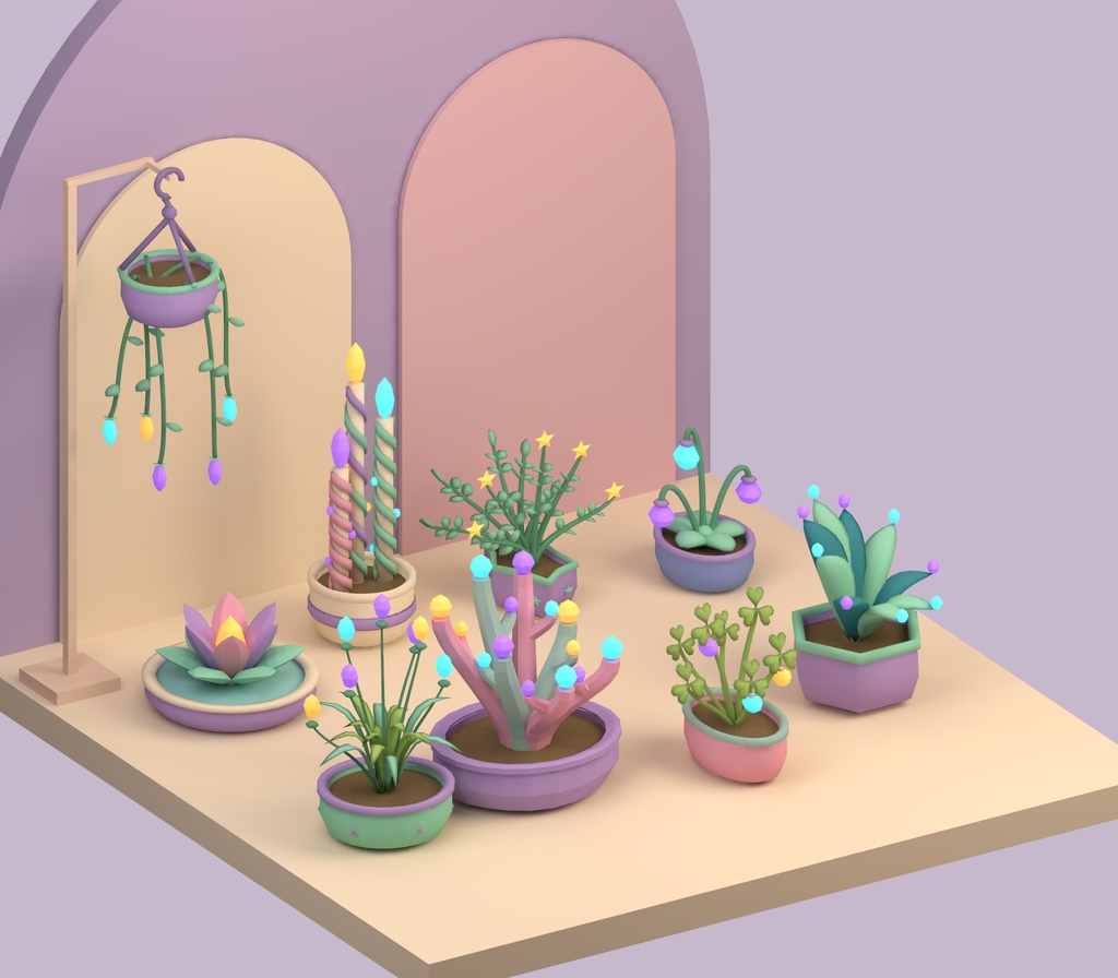 【Unity・3D植物素材】パステルの鉢植え9種セット|草晶の夢庭