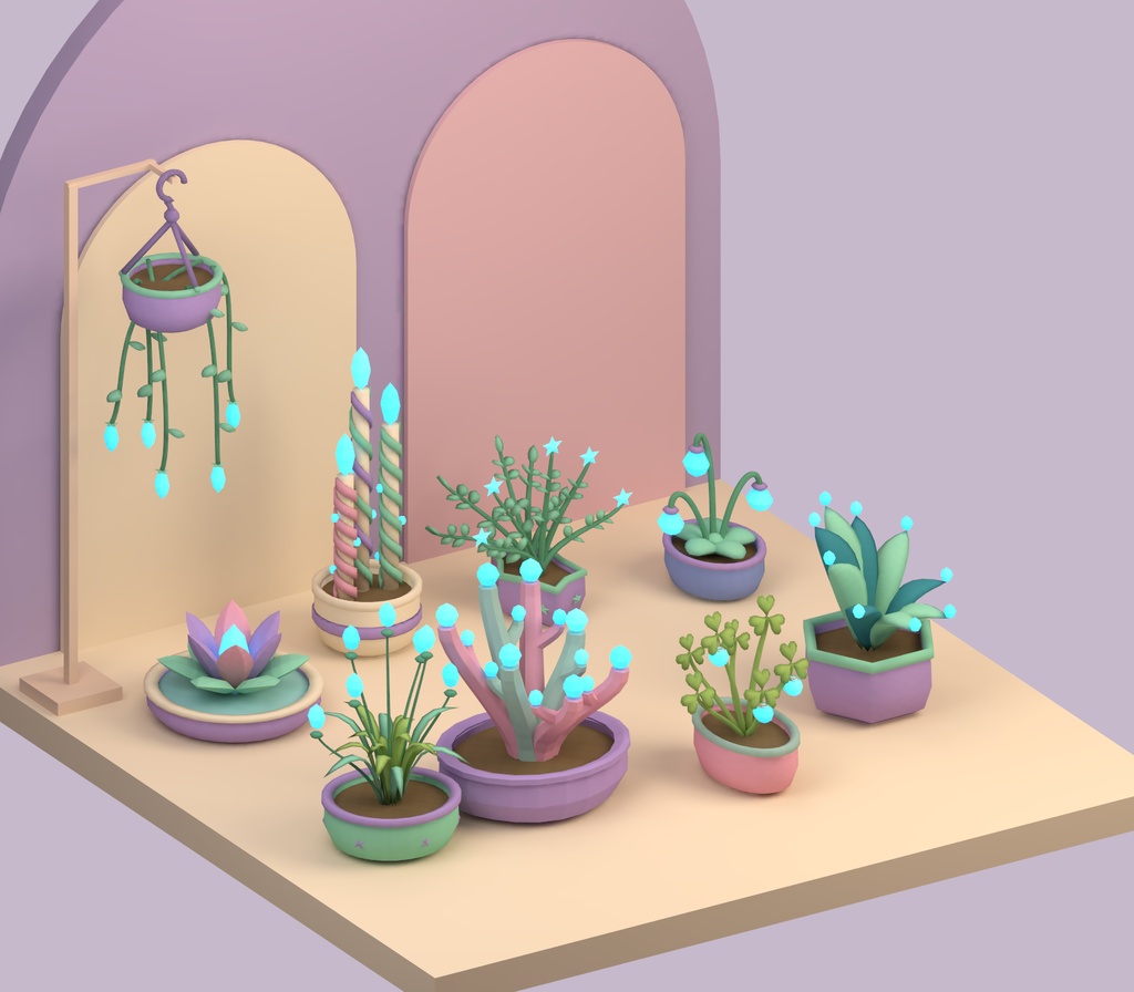 【Unity・3D植物素材】パステルの鉢植え9種セット|草晶の夢庭