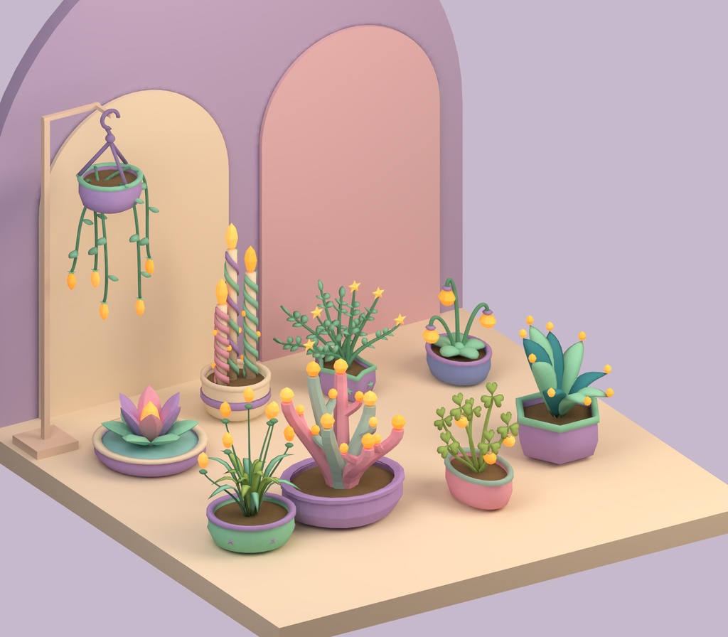 【Unity・3D植物素材】パステルの鉢植え9種セット|草晶の夢庭