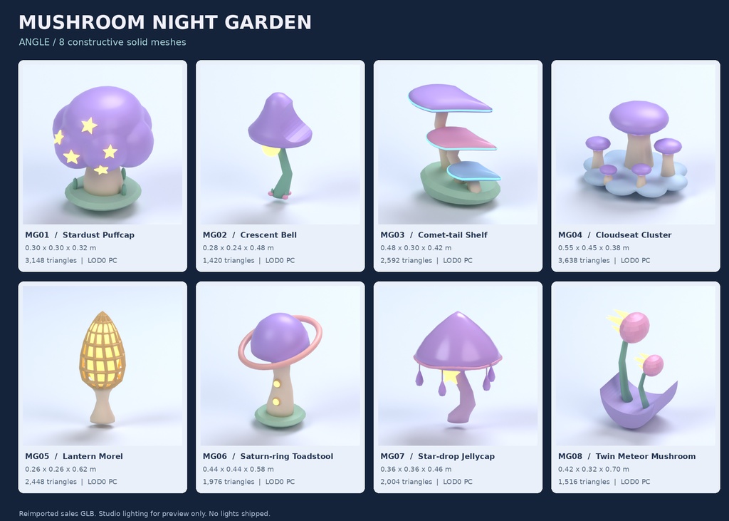 【Unity・3Dキノコ素材】パステルきのこ8種セット|星降るキノコ庭