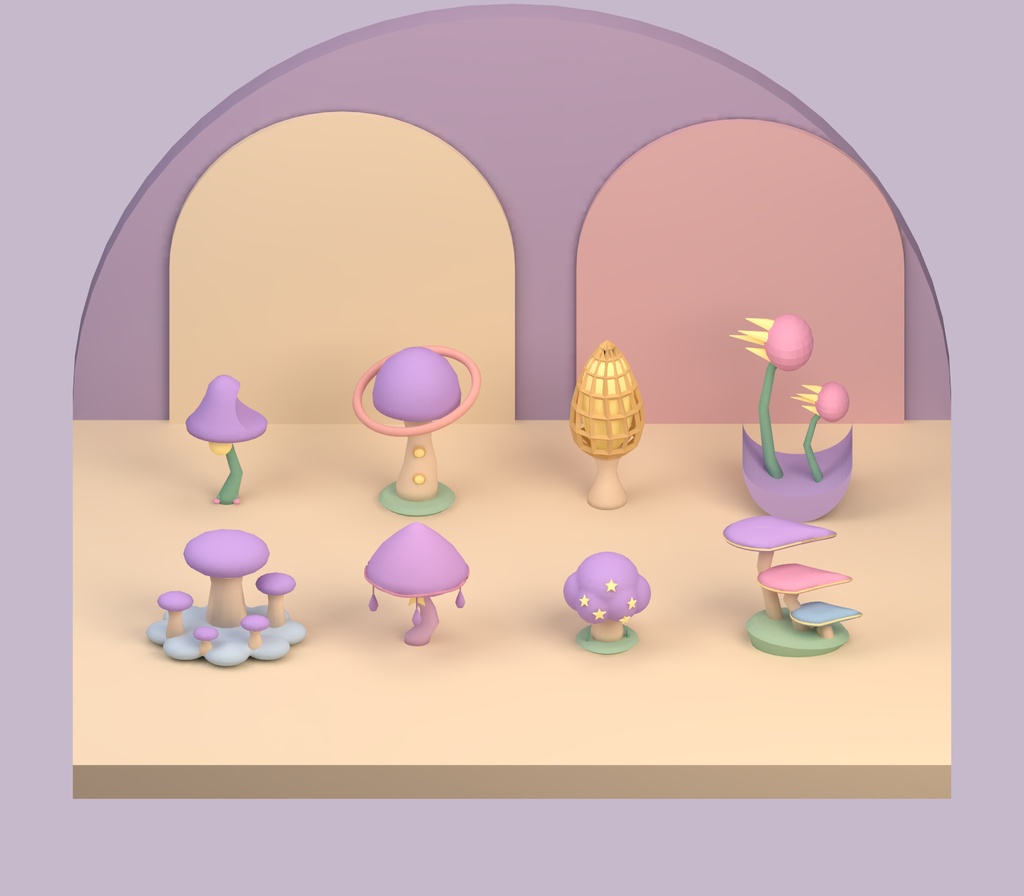 【Unity・3Dキノコ素材】パステルきのこ8種セット|星降るキノコ庭