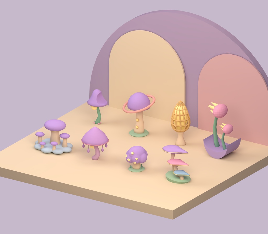 【Unity・3Dキノコ素材】パステルきのこ8種セット|星降るキノコ庭