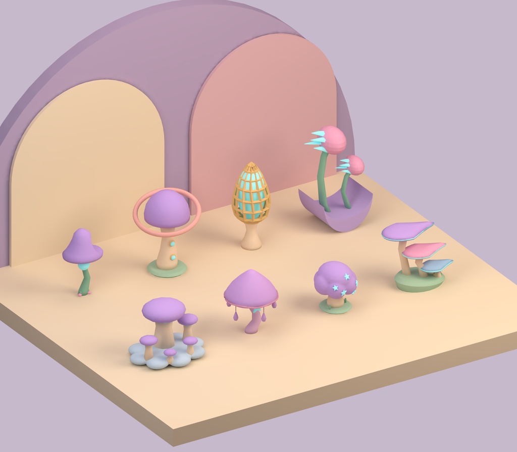 【Unity・3Dキノコ素材】パステルきのこ8種セット|星降るキノコ庭