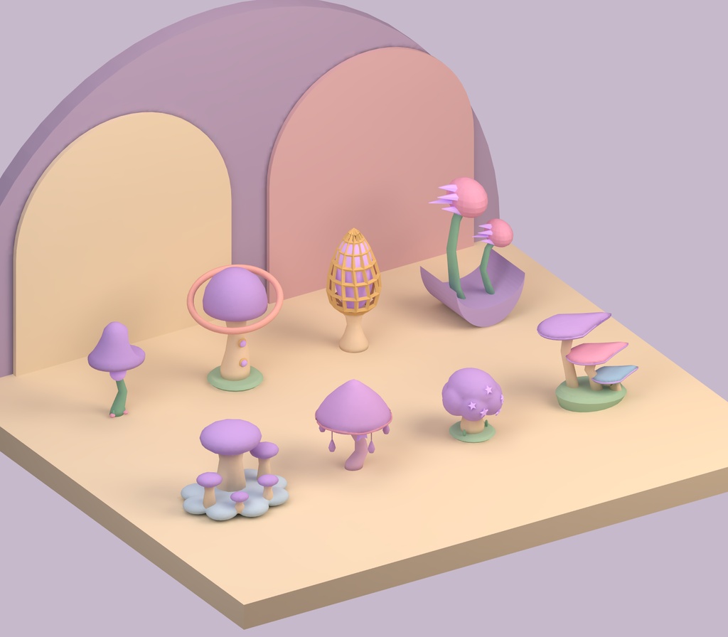 【Unity・3Dキノコ素材】パステルきのこ8種セット|星降るキノコ庭