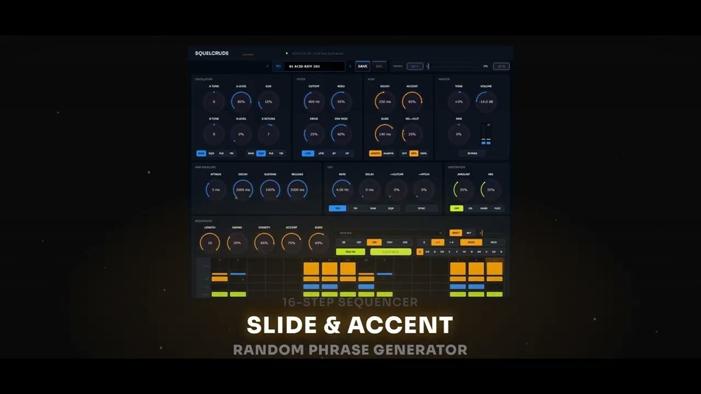 【無料VST】SQUELCRUDE — 16ステップ・シーケンサー内蔵のアシッドベース・シンセ
