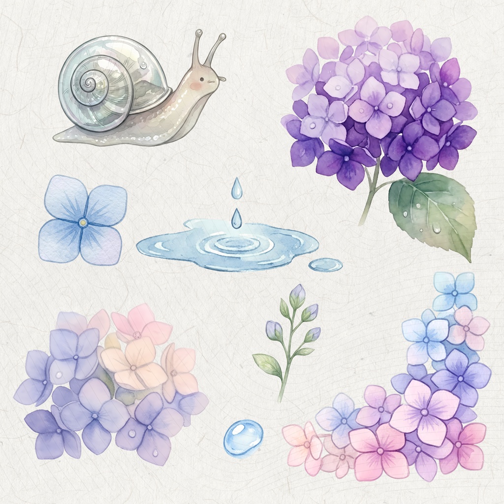 【デジタル素材】日本の梅雨・あじさいクリップアートセット(背景透過PNG)