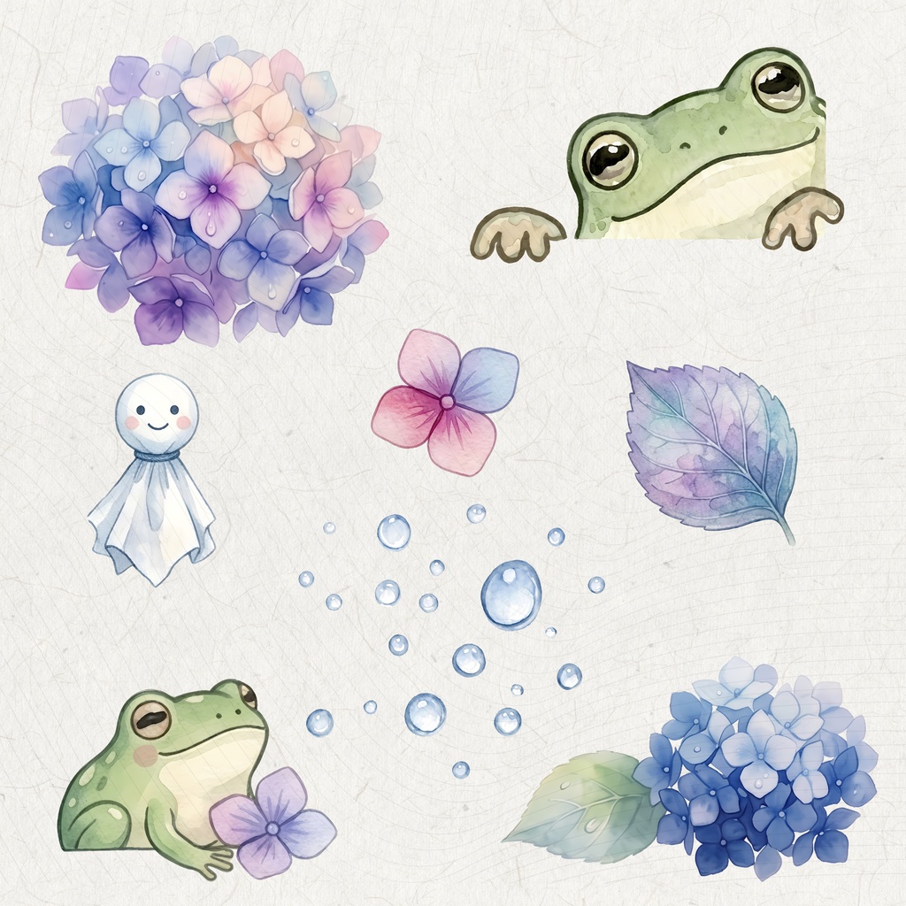 【デジタル素材】日本の梅雨・あじさいクリップアートセット(背景透過PNG)