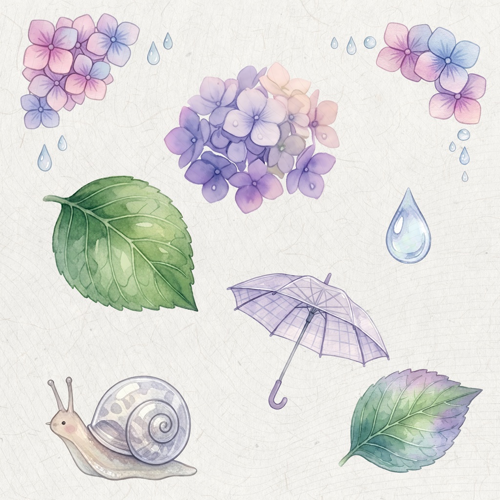 【デジタル素材】日本の梅雨・あじさいクリップアートセット(背景透過PNG)