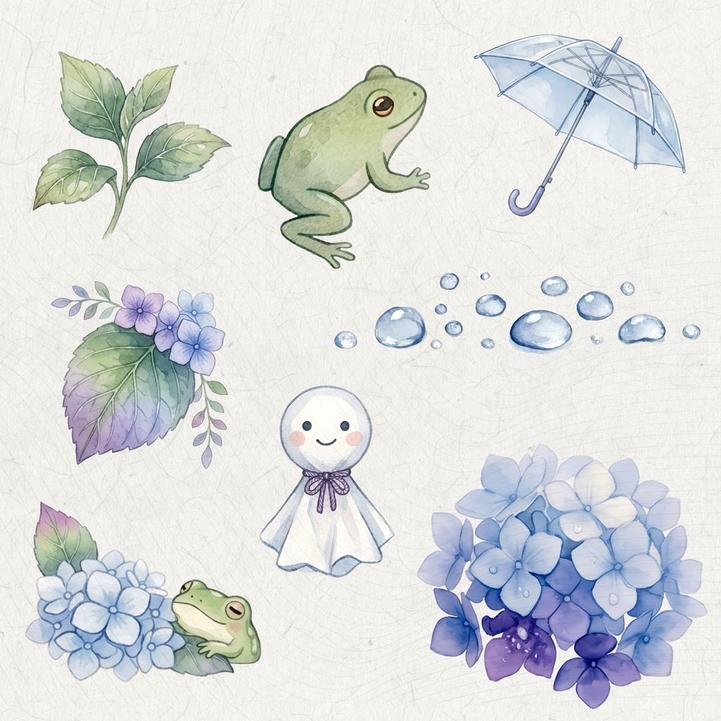 【デジタル素材】日本の梅雨・あじさいクリップアートセット(背景透過PNG)