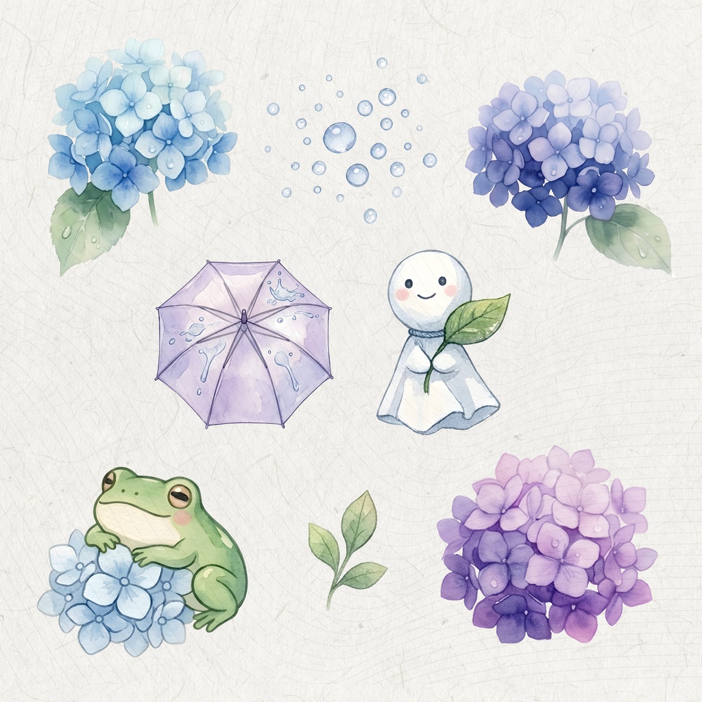 【デジタル素材】日本の梅雨・あじさいクリップアートセット(背景透過PNG)