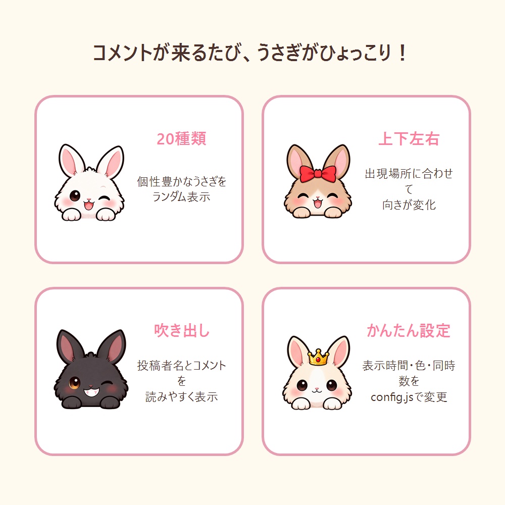 【わんコメ用】うさぎのひょっこりコメント|20種類・吹き出し付き