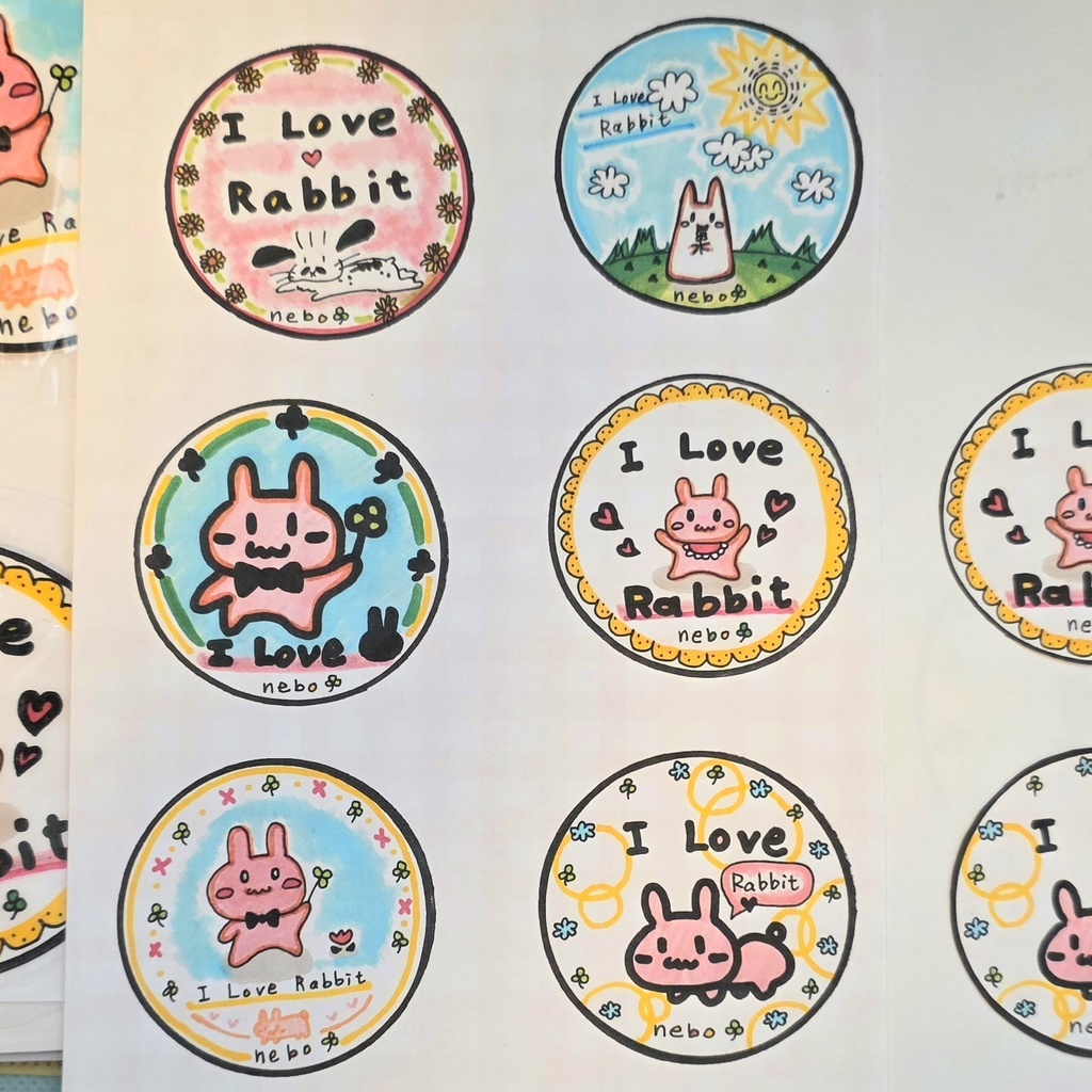 （データ版）I LoveRabbitシール画（６パターン×３セット）A４サイズ１枚