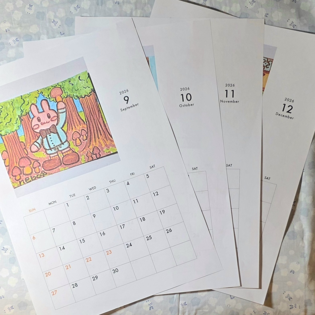 メモ書き出来るうさぎのイラストカレンダーA４（９、１０、１１、１２月）