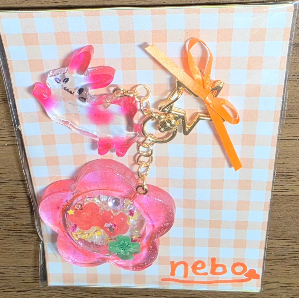 お星さまのカラビナキーホルダー(ゴールド)お花とうさぎ