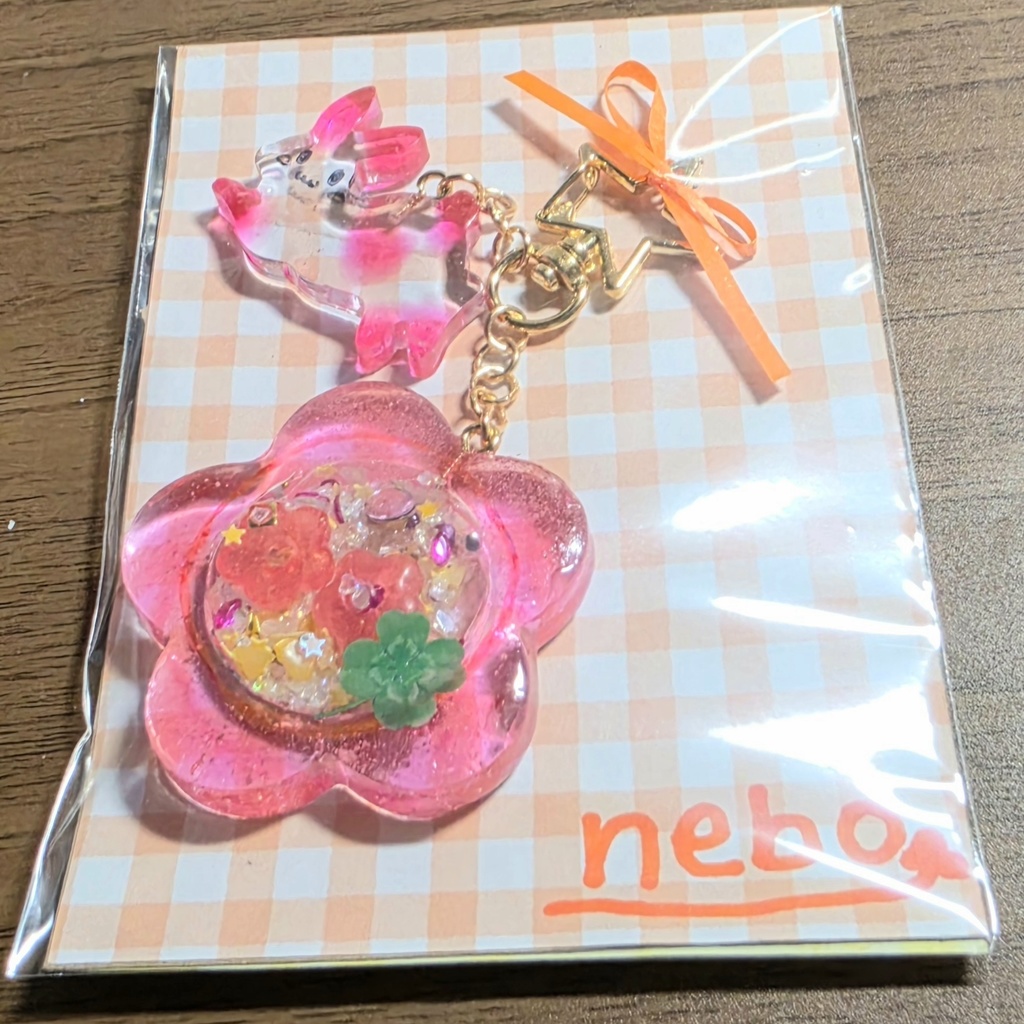 お星さまのカラビナキーホルダー(ゴールド)お花とうさぎ