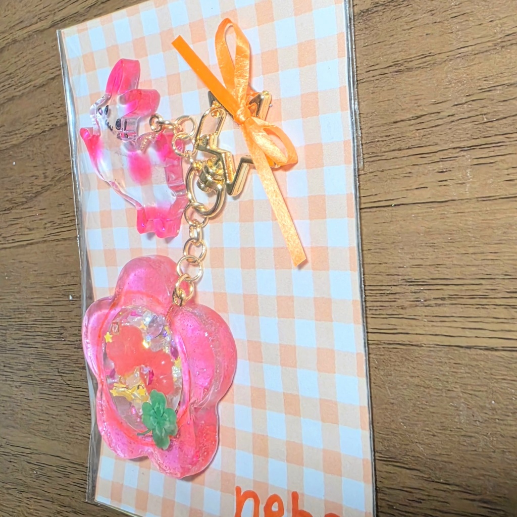 お星さまのカラビナキーホルダー(ゴールド)お花とうさぎ