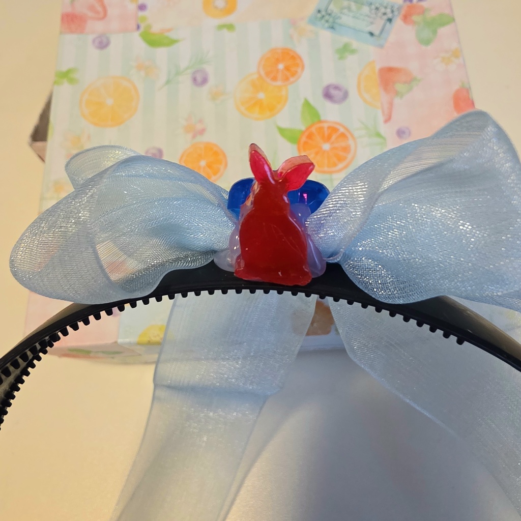 青リボンとお花のうさぎ付きカチューシャ