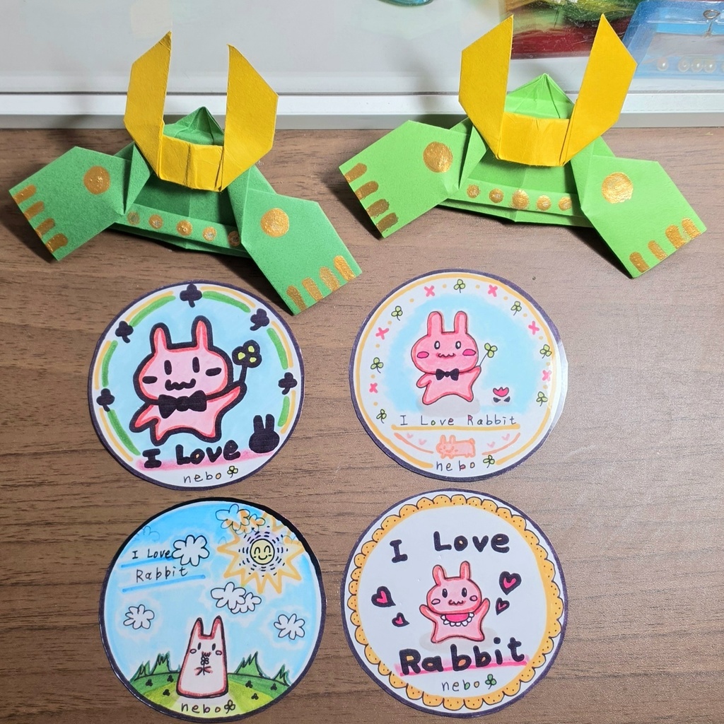 うさぎのステッカーと兜折り紙のセット