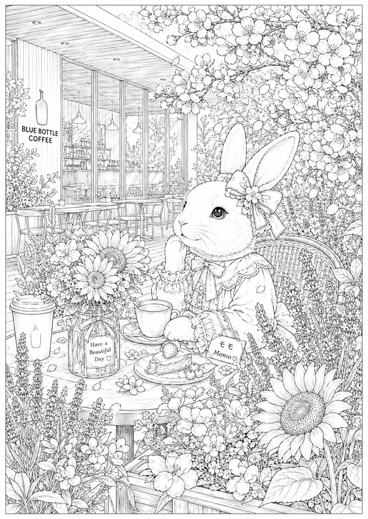 大人の女性が楽しむ塗り絵(枚数多め、うさぎさん)