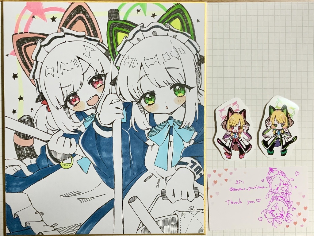 原画色紙【ブルアカ［モモイちゃん♡ミドリちゃん］メイド服ver.】