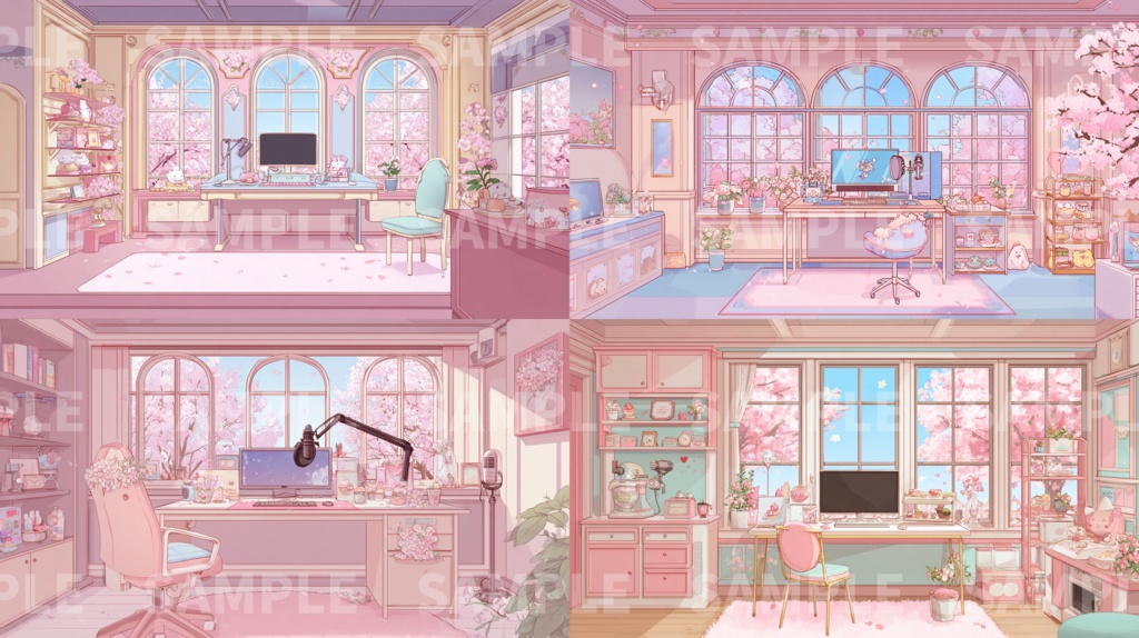 【桜の部屋】配信背景53種セット(リアル・イラスト / 朝・昼・夜)