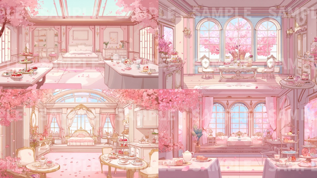 【桜の部屋】配信背景53種セット（リアル・イラスト / 朝・昼・夜）