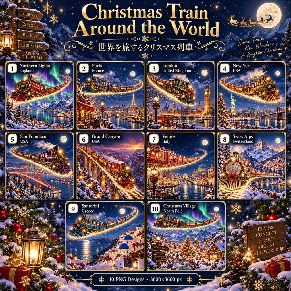 世界を旅するクリスマス列車 — Christmas Train Around the Worldデジタルペーパー
