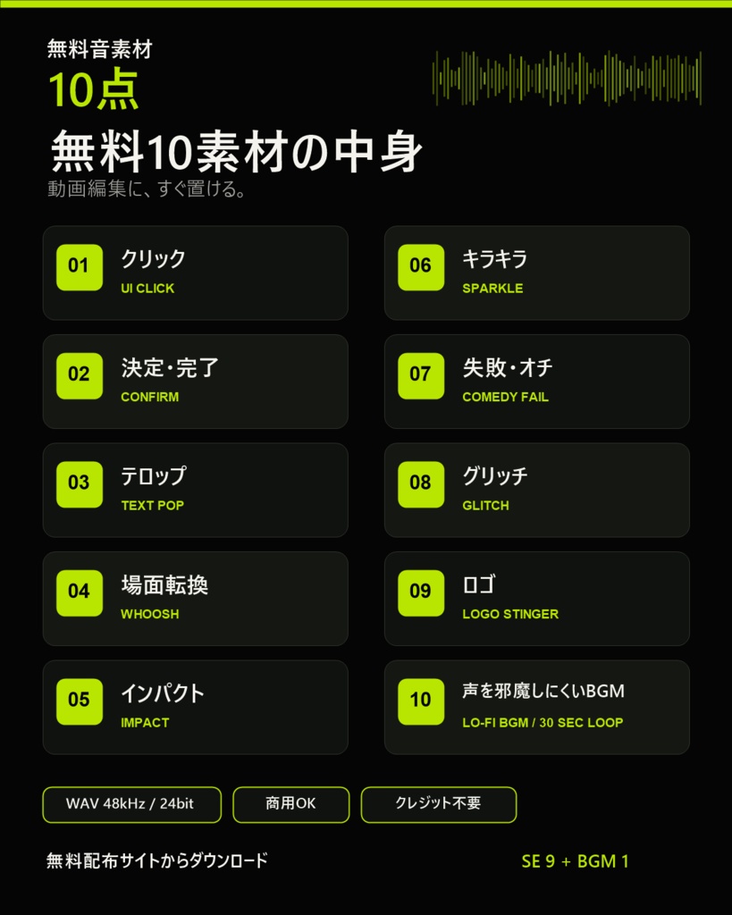 【無料】動画編集ですぐ使えるSE・BGM 10素材｜商用OK・クレジット不要・WAV