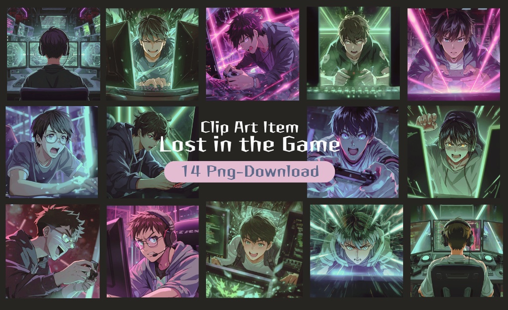 【アニメイラスト風】ゲームをする青年のクリップアート14点セット