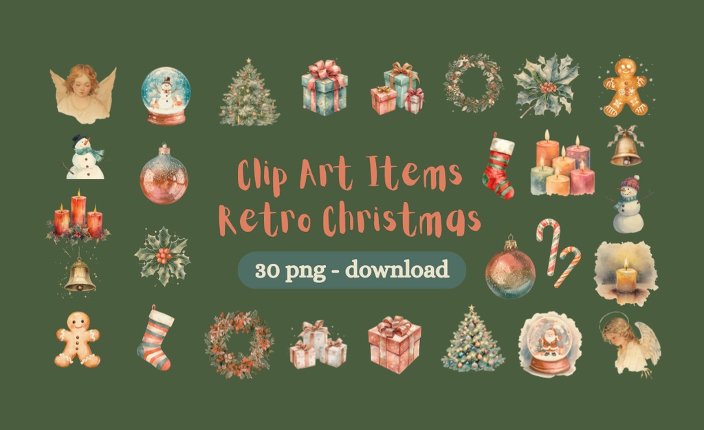 【クリスマスシリーズ】キラキラ水彩・レトロクリスマスクリップアート 30点セット