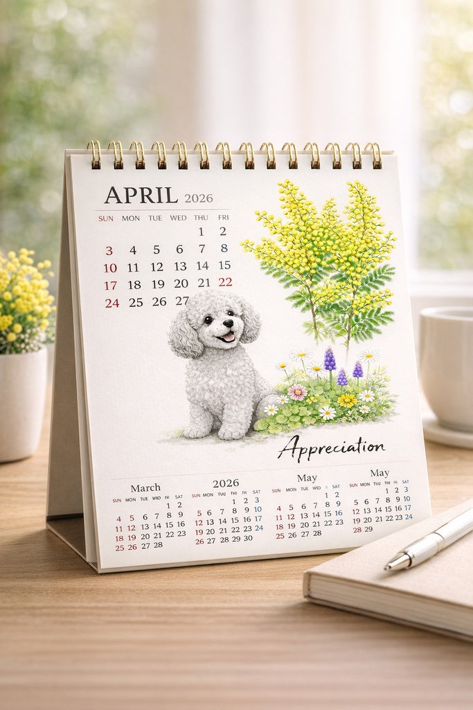 【個人利用データ販売】プードル × ミモザ|春のやさしい花と犬の上品イラスト(A4 / PNG)