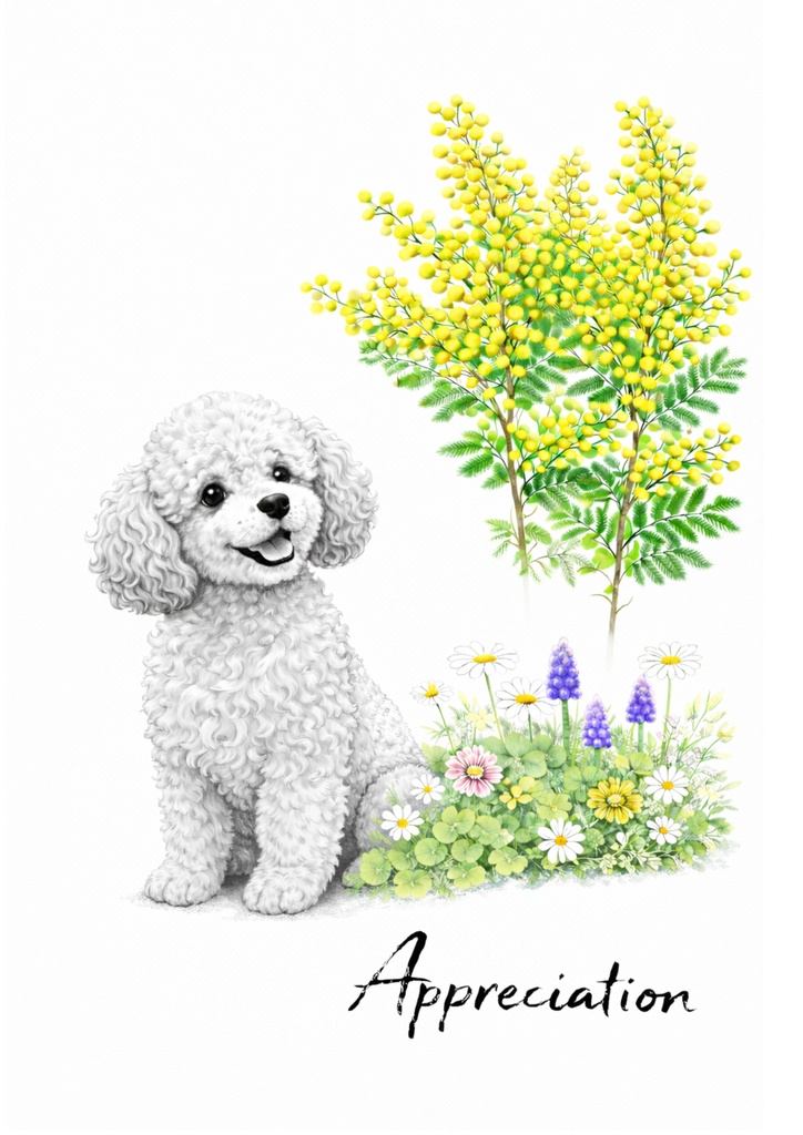 【個人利用データ販売】プードル × ミモザ|春のやさしい花と犬の上品イラスト(A4 / PNG)