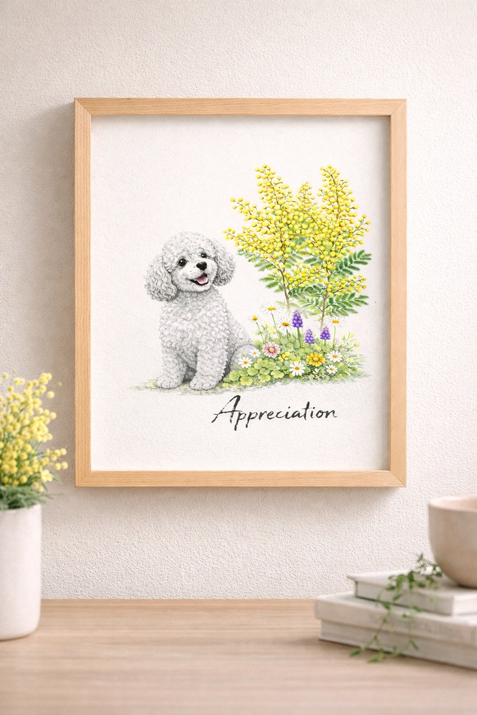 【個人利用データ販売】プードル × ミモザ|春のやさしい花と犬の上品イラスト(A4 / PNG)