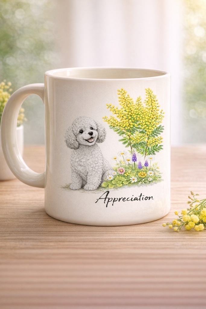 【個人利用データ販売】プードル × ミモザ|春のやさしい花と犬の上品イラスト(A4 / PNG)