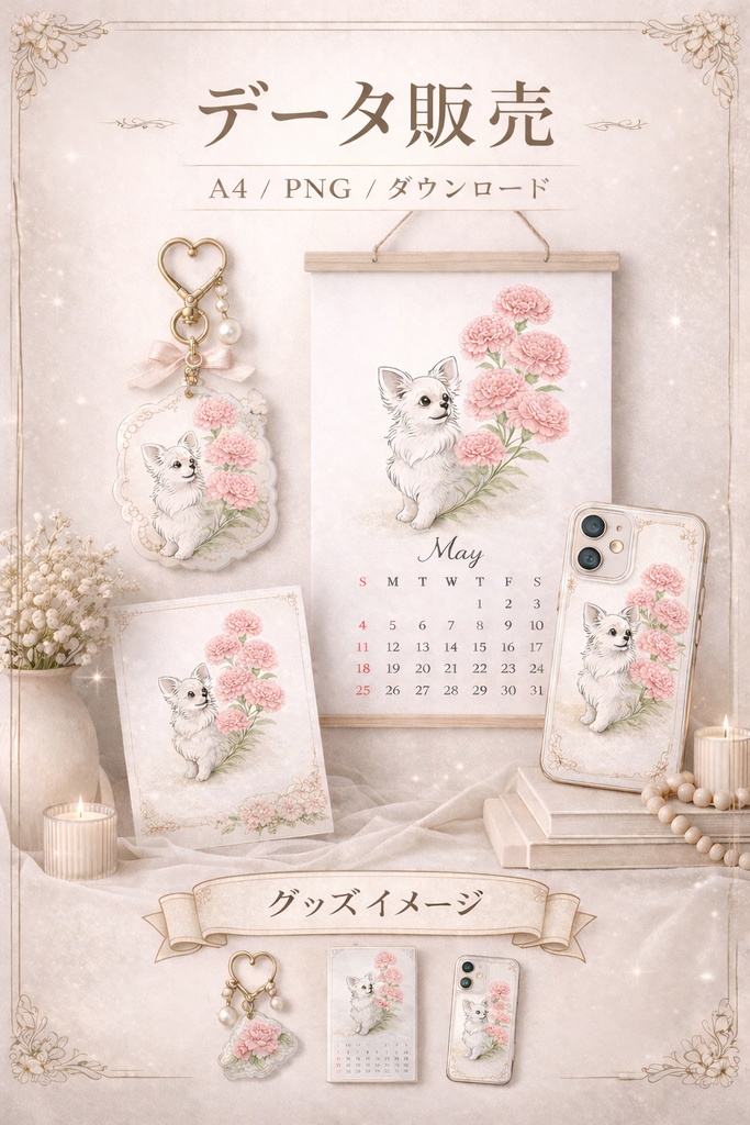 【商用利用OK】チワワ×カーネーション｜大人可愛い水彩イラストデータ｜母の日・ギフト素材｜A4 PNGダウンロード