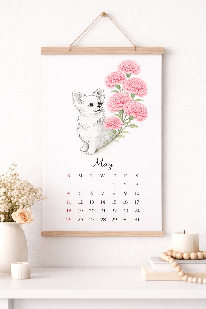 【商用利用OK】チワワ×カーネーション|大人可愛い水彩イラストデータ|母の日・ギフト素材|A4 PNGダウンロード