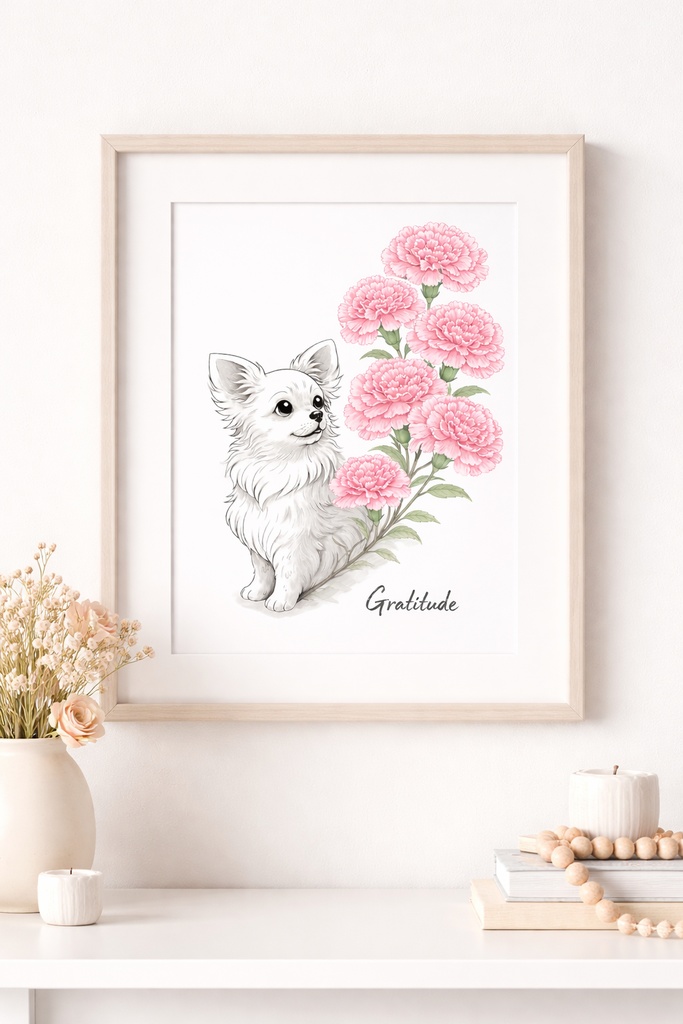 【商用利用OK】チワワ×カーネーション|大人可愛い水彩イラストデータ|母の日・ギフト素材|A4 PNGダウンロード