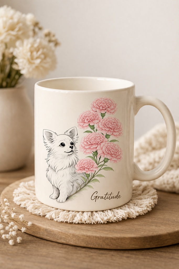 【商用利用OK】チワワ×カーネーション|大人可愛い水彩イラストデータ|母の日・ギフト素材|A4 PNGダウンロード