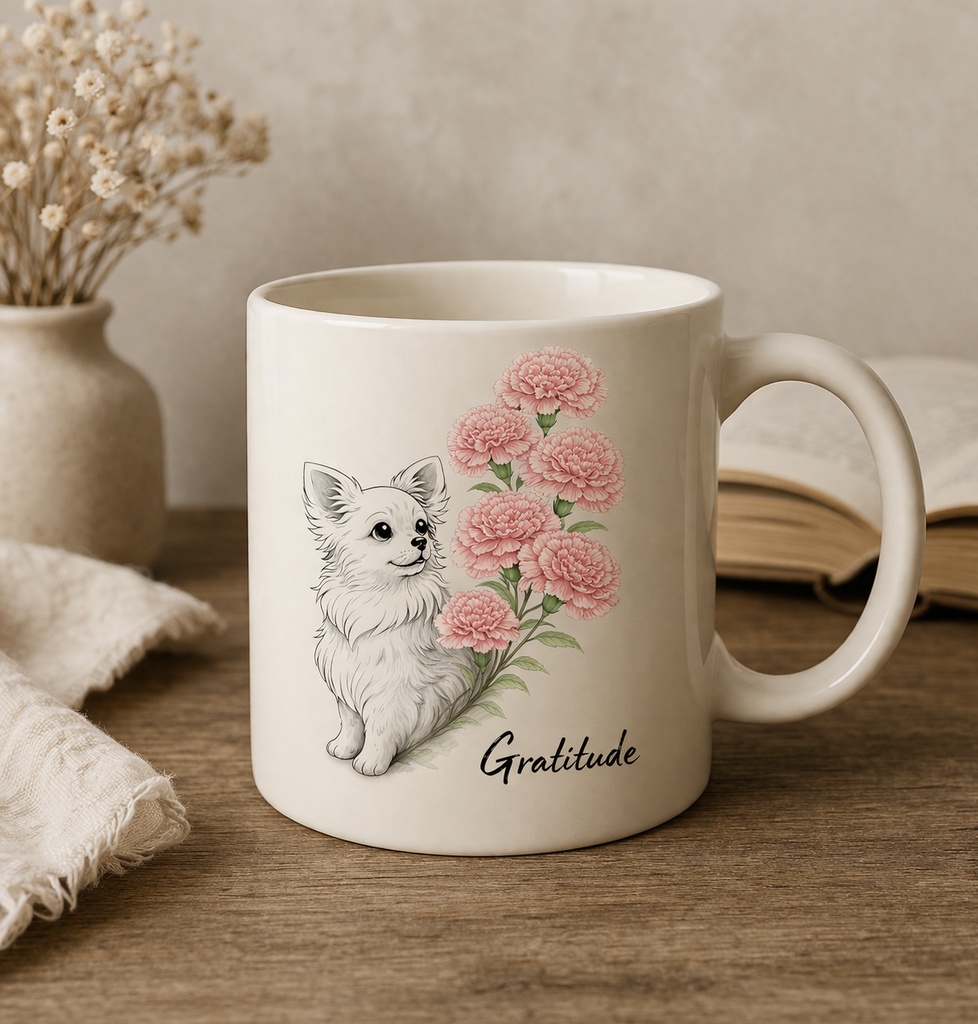 【商用利用OK】チワワ×カーネーション|大人可愛い水彩イラストデータ|母の日・ギフト素材|A4 PNGダウンロード