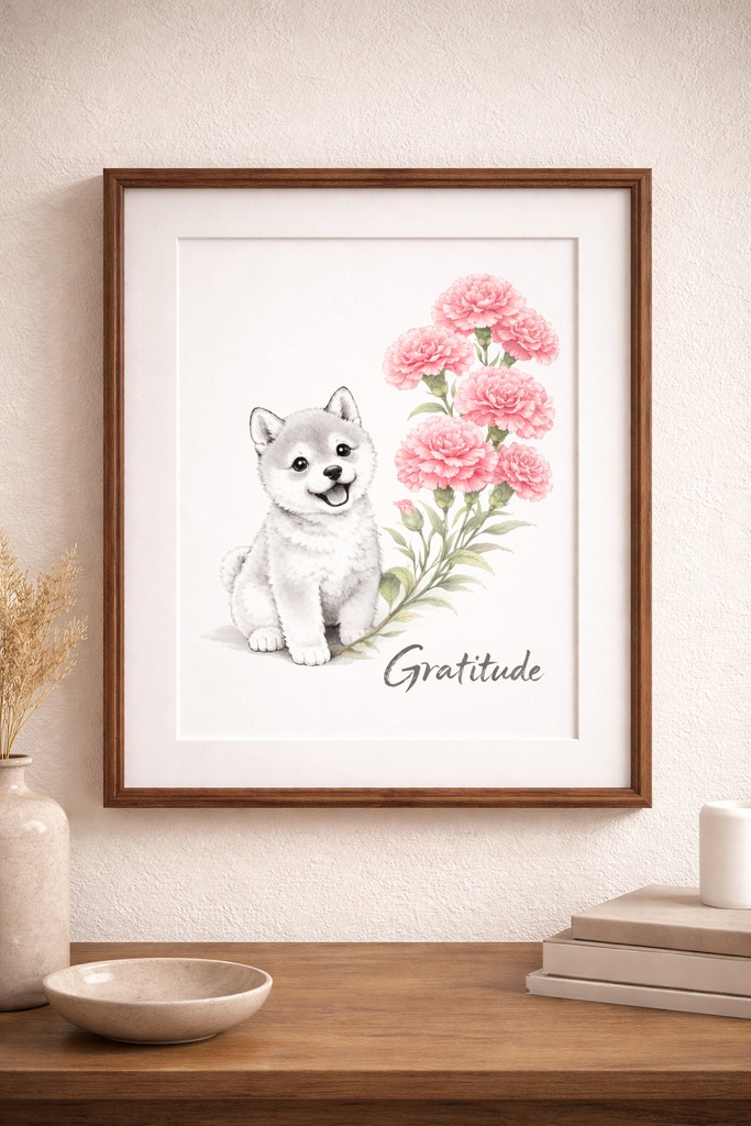 【個人利用】 柴犬×カーネーション|癒しの水彩イラスト|母の日・インテリアに|A4 PNGダウンロード