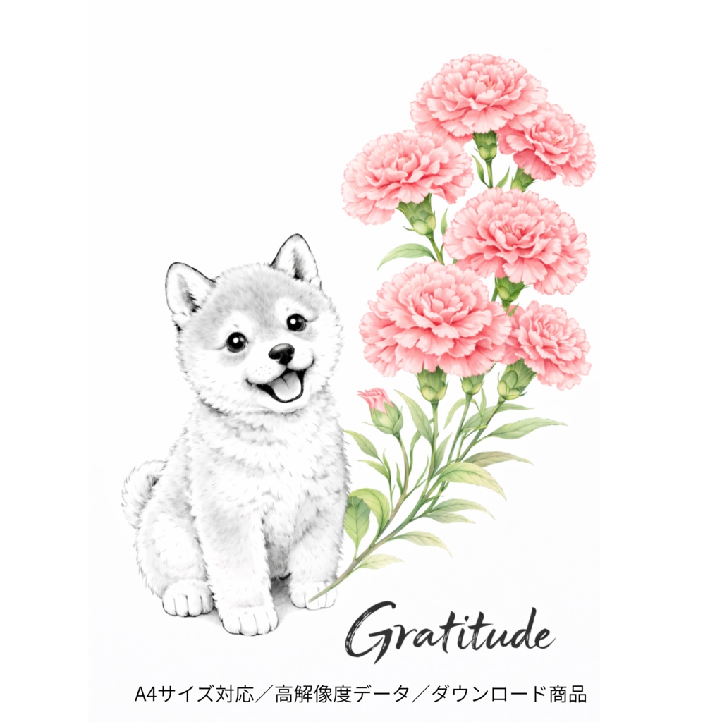 【商用利用OK】柴犬×カーネーション|感謝を伝える水彩イラストデータ|母の日・ギフト素材|A4 PNGダウンロード
