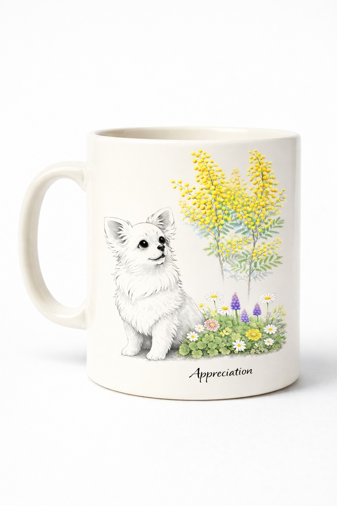 【個人利用】チワワ×ミモザ|春の癒し水彩イラスト|ナチュラルインテリアに|A4 PNGダウンロード