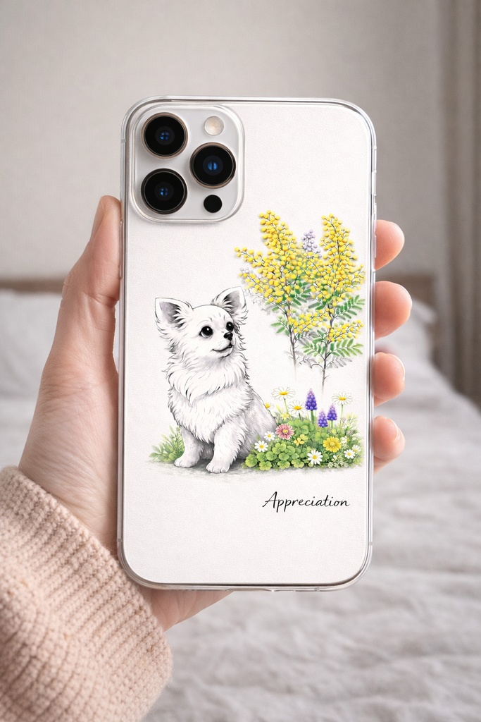 【個人利用】チワワ×ミモザ|春の癒し水彩イラスト|ナチュラルインテリアに|A4 PNGダウンロード